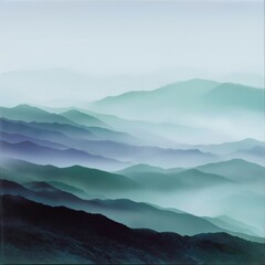 Misty Mountain Layers: Serene beauty unfolds in shades of blue and green
