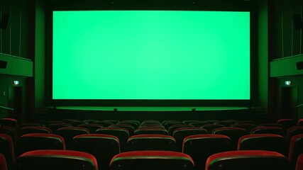 Empty movie theater displays a vibrant green screen ready for a film screening, creating anticipation and excitement for the upcoming cinematic experience.