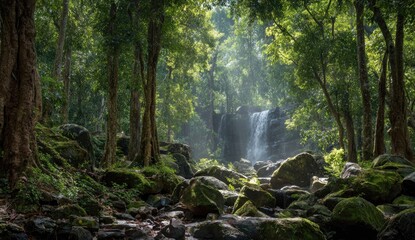Obraz premium Lush rainforest waterfall scene