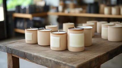 Artisan crafted ceramic candles on rustic wooden table with minimalist design touch