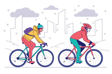 Fototapeta premium Person riding bicycle in snowy city street, snowflakes falling, winter urban illustration
