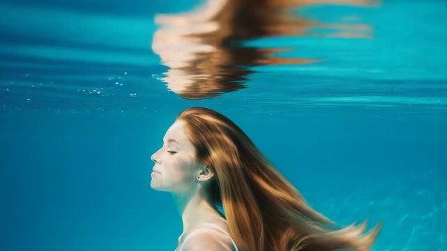 Young woman swimming underwater with long hair flowing gracefully  