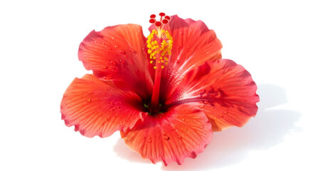 Vibrant red hibiscus flower with yellow stamen and pistil isolated on a clean white background © MdNurnabi