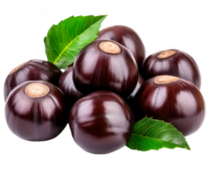 Glossy buckeye fruits feature prominently with leaves grouped tightly on transparent background