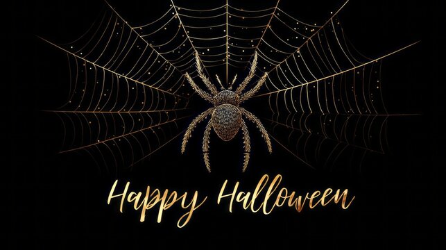 Golden Happy Halloween text with spiders on black web background, festive style. Black big spider and web shapes, gold text Halloween, festive spooky holiday concept - Powered by Adobe