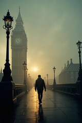 Obraz premium Silhouette of a man in a suit walking on Westminster Bridge towards Big Ben and the Houses of Parliament during sunrise in London, England. The scene features glowing street lamps, wet pavement.