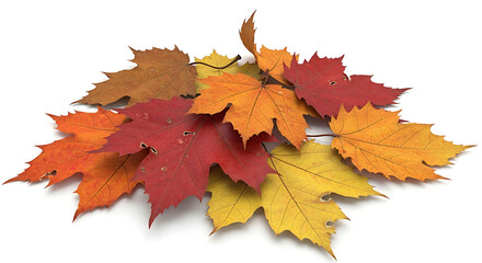 A vibrant pile of autumn maple leaves in red orange yellow and brown hues on a white background
