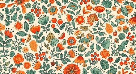 Lively floral motif showcases decorative orange flowers and green foliage on a beige background