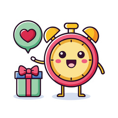 Naklejka premium Cartoon Love Alarm Clock with Gift Box Isolated