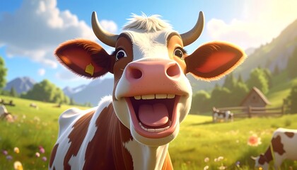 Smiling cow in a sunny meadow