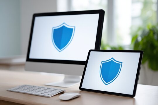 A desktop computer monitor and a tablet both display a bright blue shield icon on their screens, set on a light wooden desk with a keyboard and mouse, symbolizing digital security.