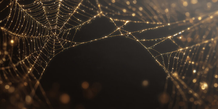 Golden spider on shiny web with dark sparkling background close-up shot. festive Halloween concept with elegant spooky theme