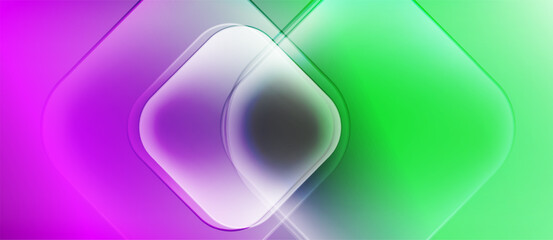 Abstract geometric shapes, vibrant gradients. Purple, green hues blend smoothly. Soft glow creates futuristic feel. Minimalist design.