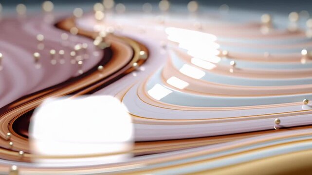Glimmering golden orbs floating seamlessly over wavelike surface, creating mesmerizing visual rhythm through fluid movement and harmonious color transitions
