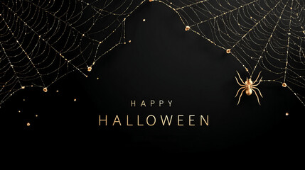 Golden spider webs and spiders with Happy Halloween text on dark background. Black spider and web shapes, gold text Halloween. Halloween celebration and spooky theme