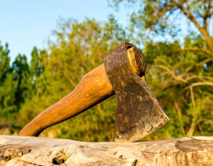 Rusty axe resting on a log in a forest