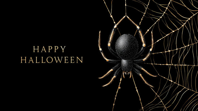 Golden spider webs and spiders with Happy Halloween text on dark background. Black spider and web shapes, gold text Halloween. Halloween celebration and spooky theme