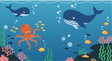 Naklejka premium Cute Underwater World Cartoon Vector Illustration with Whales Octopus Fish