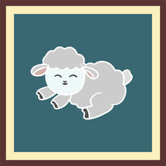 Cute cartoon illustration of a fluffy white lamb with curly wool on colorful background, farm animal design for children.