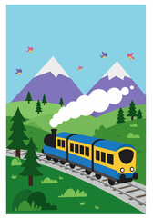 Colorful Vector Illustration of Train Journey Through Scenic Nature