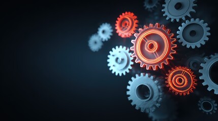 Glowing Gears Technology Concept Against a Dark Background Vibrant, Dynamic Stock Image for HighTech Campaigns and Presentations, Inspiring Innovation and Progress.