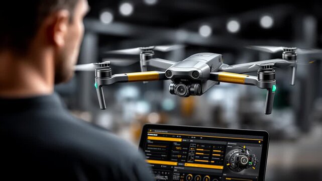 Skilled engineer tracking industrial drone performance, analyzing telemetry data on laptop screen within advanced manufacturing environment, highlighting precision technology - Powered by Adobe