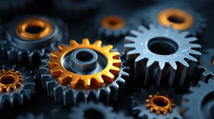 Innovative Gear Technology Concept Backdrop Modern HighTech, Ideal for TechCentric Projects, Boosts Creativity.