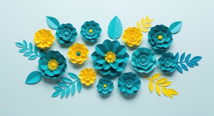 Paper Flowers Composition on Light Blue Background