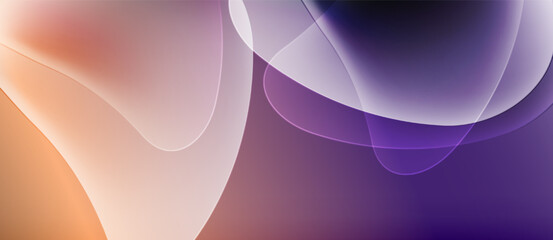 Abstract fluid shapes blend, creating soft gradients. Warm orange transitions into cool purple hues. Smooth curves suggest movement, light interplay.