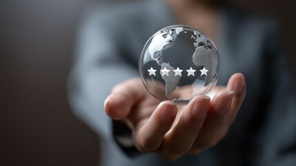 Professional Hand Holding HighQuality Assurance Globe with Shimmering Stars, Perfect for Inspiring Trust and Confidence in Your Marketing Campaigns.