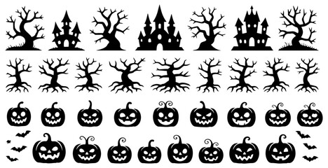 halloween silhouette set with haunted house pumpkin and bats