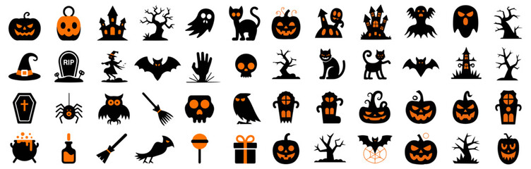 halloween silhouette set with ghost bat cat and pumpkin
