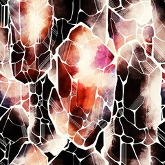 Abstract seamless pattern with crystal and gemstone shapes, hand drawn geometric motif in watercolor and digital mixed media style, decorative background for textile, fabric, wallpaper, wrapping paper