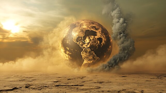 The Earth heating up beneath a dense layer of gases, representing the greenhouse effect and global warming process.