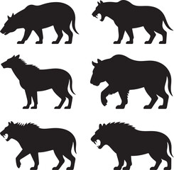 Six black animal silhouettes of hyenas and lions on white background Keywords: hyena, lion, wild