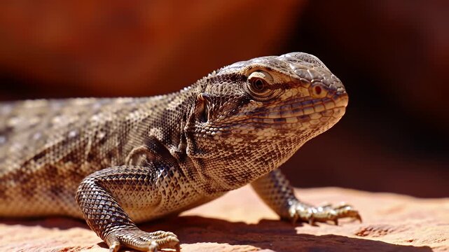Scales cover the detailed lizard facing right, on a reddish-brown rocky surface