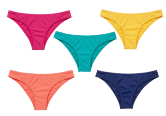 Assortment of colorful bikini bottoms swimsuit underwear summer fashion beachwear apparel clothing textile fabric design style isolated transparent background