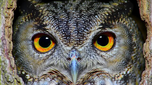 Intense, close-up owl portrait showcasing its piercing yellow eyes and intricate feather patterns