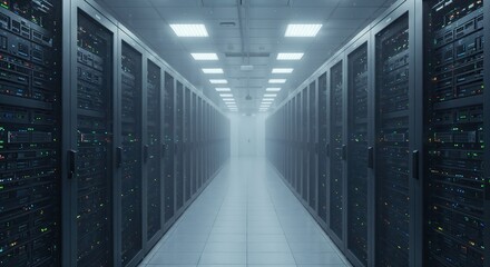 A long perspective view of a data center hallway with server racks.