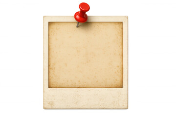 Blank vintage photo print attached to transparent background with red push pin, creating space for image or text