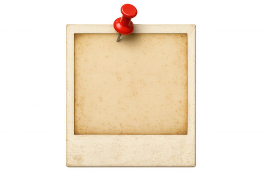 Blank vintage photo print attached to transparent background with red push pin, creating space for image or text
