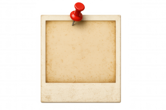 Blank vintage photo print attached to transparent background with red push pin, creating space for image or text