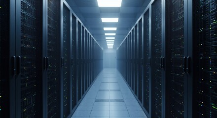 A server room hallway with rows of computer servers, illuminated by bright overhead lights, creating a symmetrical perspective.