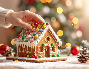 Woman decorating gingerbread house with colorful candies for christmas celebration