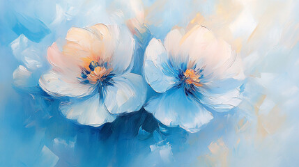 Blue and Peach Floral Oil Painting – Modern Wall Art