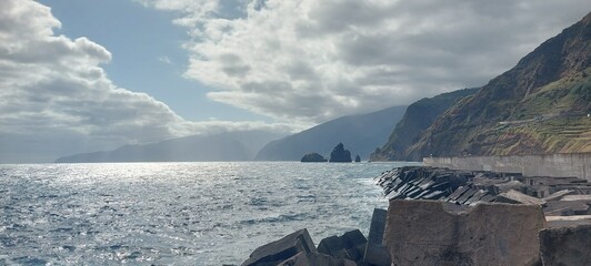 madeira island, sea, water, blue, waves, landscape, travel, adventures, destination, nature, view, rock, cliff, mountain, green, paradise, sunset, dawn, evening, darl, ligth, blue, waves, north