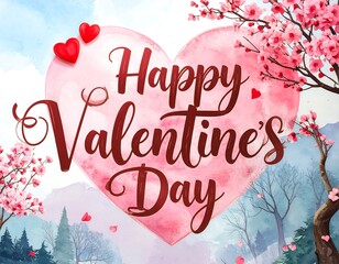Romantic Valentine's Day greeting card with heart and cherry blossoms