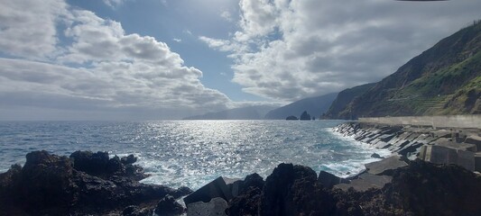 madeira island, sea, water, blue, waves, landscape, travel, adventures, destination, nature, view, rock, cliff, mountain, green, paradise, sunset, dawn, evening, darl, ligth, blue, waves, north