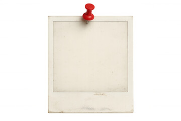 Blank vintage photo print is held by red push pin on transparent background, creating nostalgic and customizable template