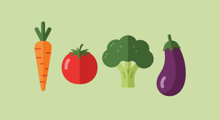 A colorful set of flat design vegetable icons featuring a carrot, tomato, broccoli, and eggplant, symbolizing a healthy diet, fresh food, and organic nutrition